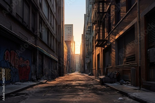 Desolate urban lane among towering buildings. Generative AI © Akio