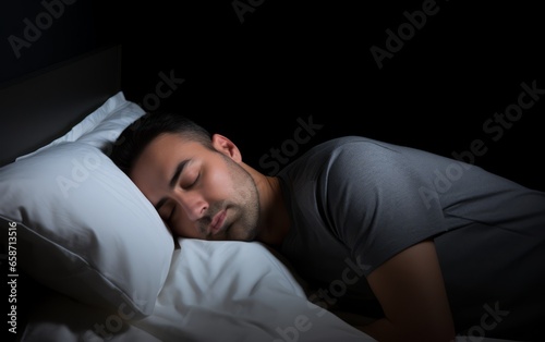 Man sleeps on bed in his bedroom feeling so relax and comfortable.