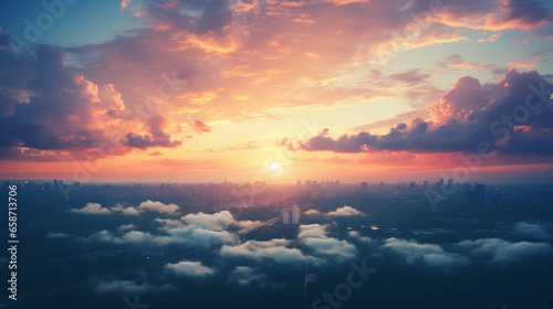 Landscape photo of pastel sky and a city underneath