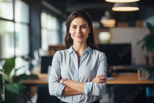 A confident woman standing with crossed arms in a professional office setting