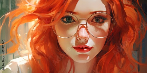 Obraz na plátne A woman with red hair and glasses posing for a portrait painting