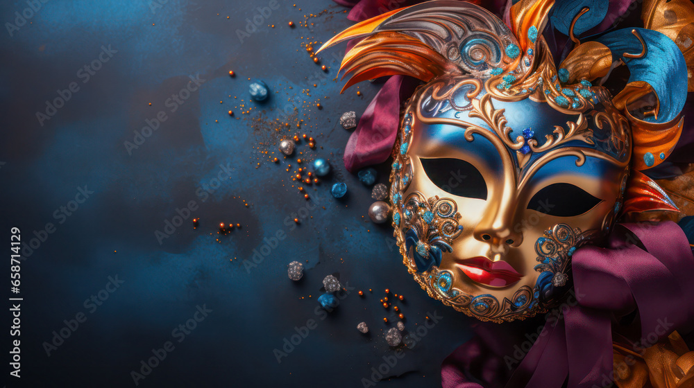 Beautiful colorful carnival mask with blue and golden colors, AI Generated