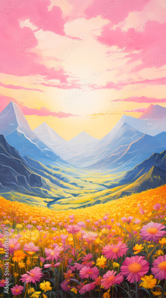 Colorful flowers field in the mountains at sunset.