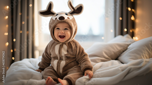 ベッドの上でかわいい笑顔で楽しそうなトナカイの着ぐるみをきている赤ちゃんの写真 photo