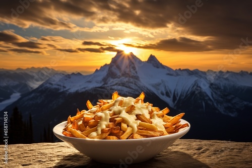 Indulge in a plate of poutine, with golden fries and creamy cheese curds enveloped in gravy, set against the awe-inspiring Canadian Rockies.