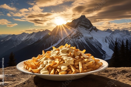 Indulge in a plate of poutine, with golden fries and creamy cheese curds enveloped in gravy, set against the awe-inspiring Canadian Rockies.