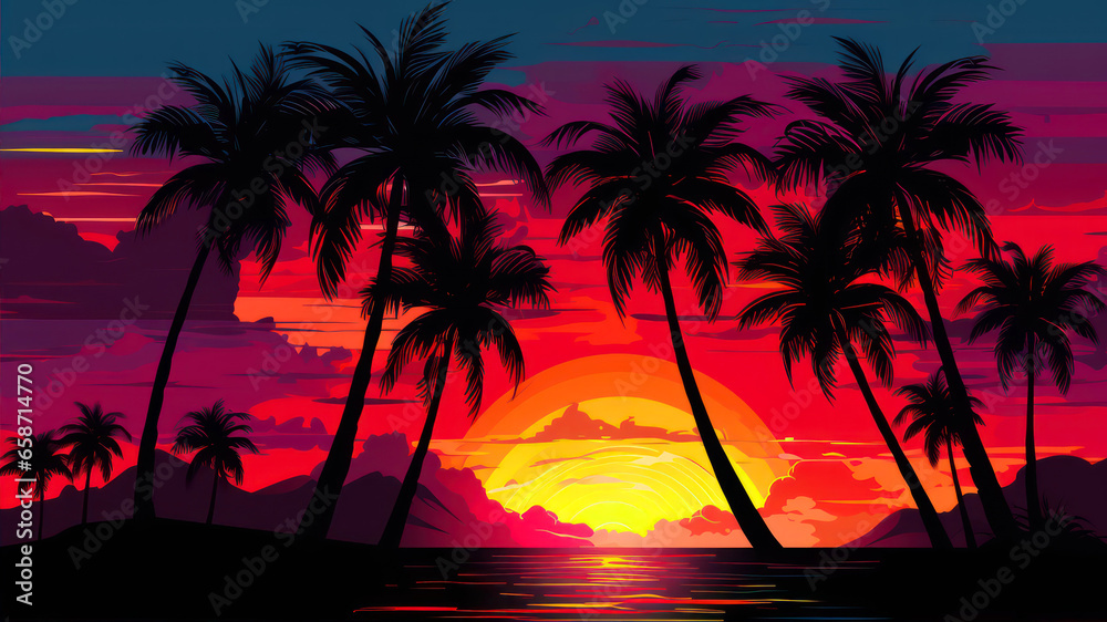 Sunset and palm trees on a tropical island. Vector illustration.