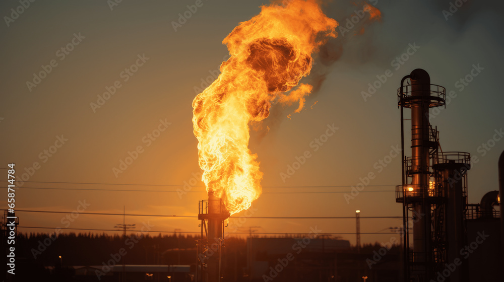 Industrial Fire, Flames Spreading from Refinery Pipes