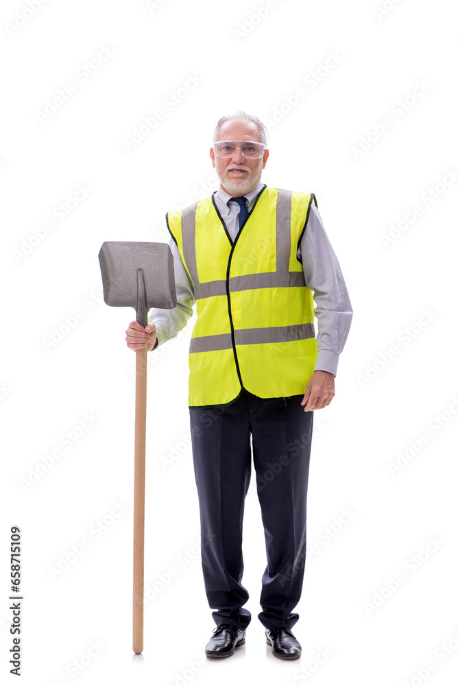 Old foreman holding shovel isolated on white Old foreman holding shovel isolated on white