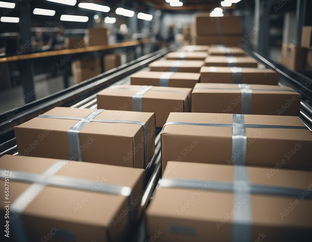Fototapeta premium Close-up of multiple cardboard box packages on conveyor belt