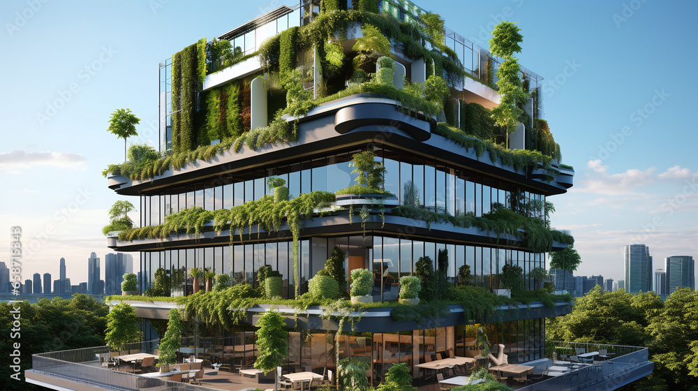 Concept of a futuristic building with plants for renewable energy