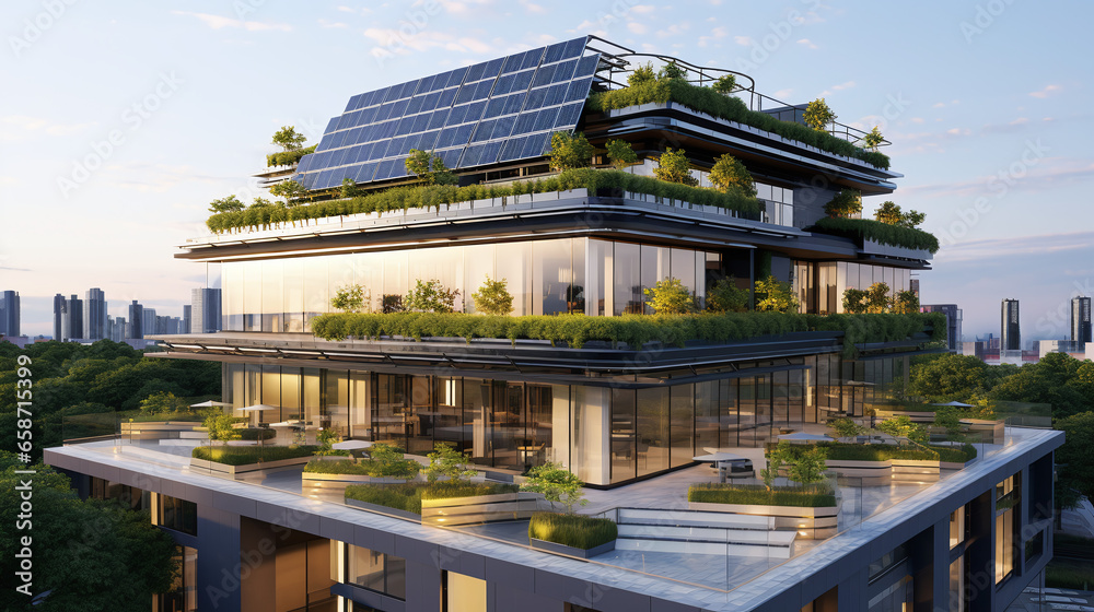 Concept of a futuristic building with plants for renewable energy Concept of a futuristic building with plants for renewable energy