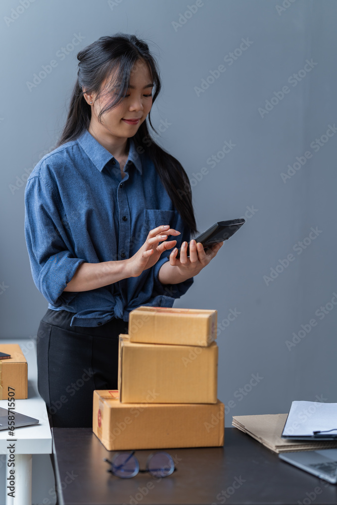 startup girl Small SME business owners work with laptop computers at work. with parcel paper boxes for delivery to customers online selling, Ecommerce, startup girl Small SME business owners work with laptop computers at work. with parcel paper boxes for delivery to customers online selling, Ecommerce,