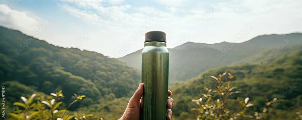 Reusable thermos in hand against forest mountains. thermo water bottle in hiking time. - obrazy, fototapety, plakaty 