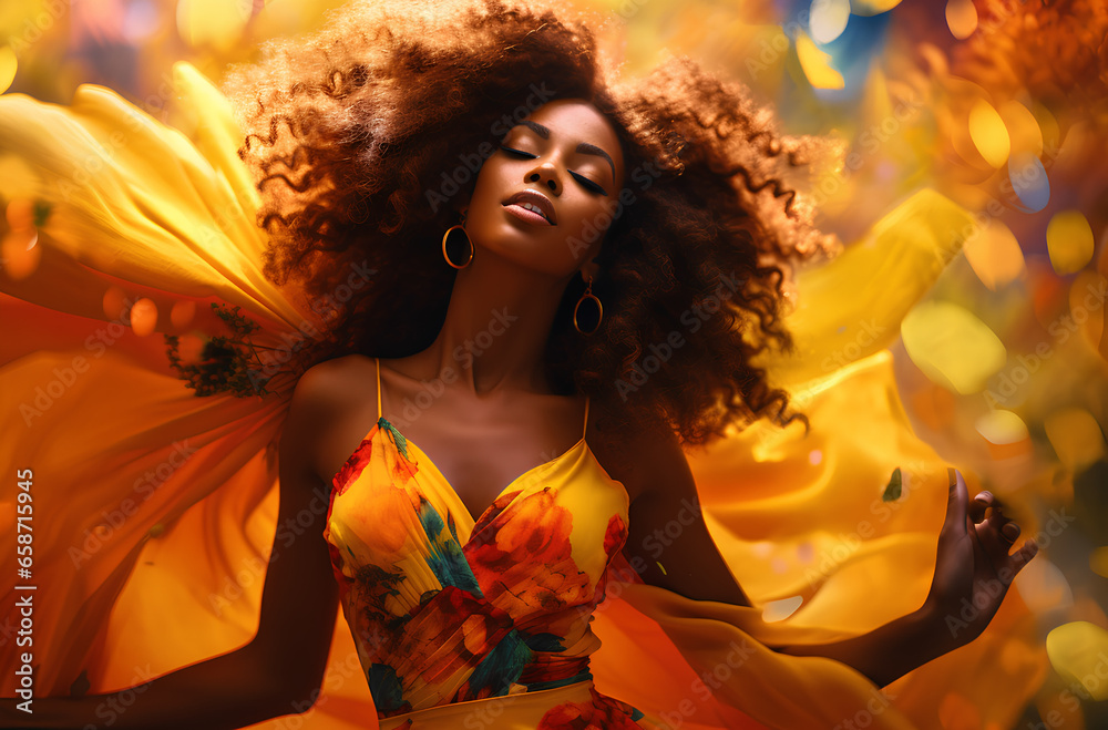 Beautiful Girl with Afro Hair dancing with colorful dress in summer with flowers