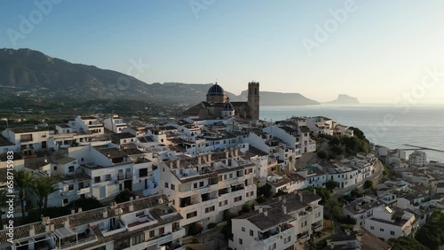 Flying 120 degrees around Church of Our Lady of Consolation, Altea in Spain.  Catholic Church in Costa Blanca,Spain.