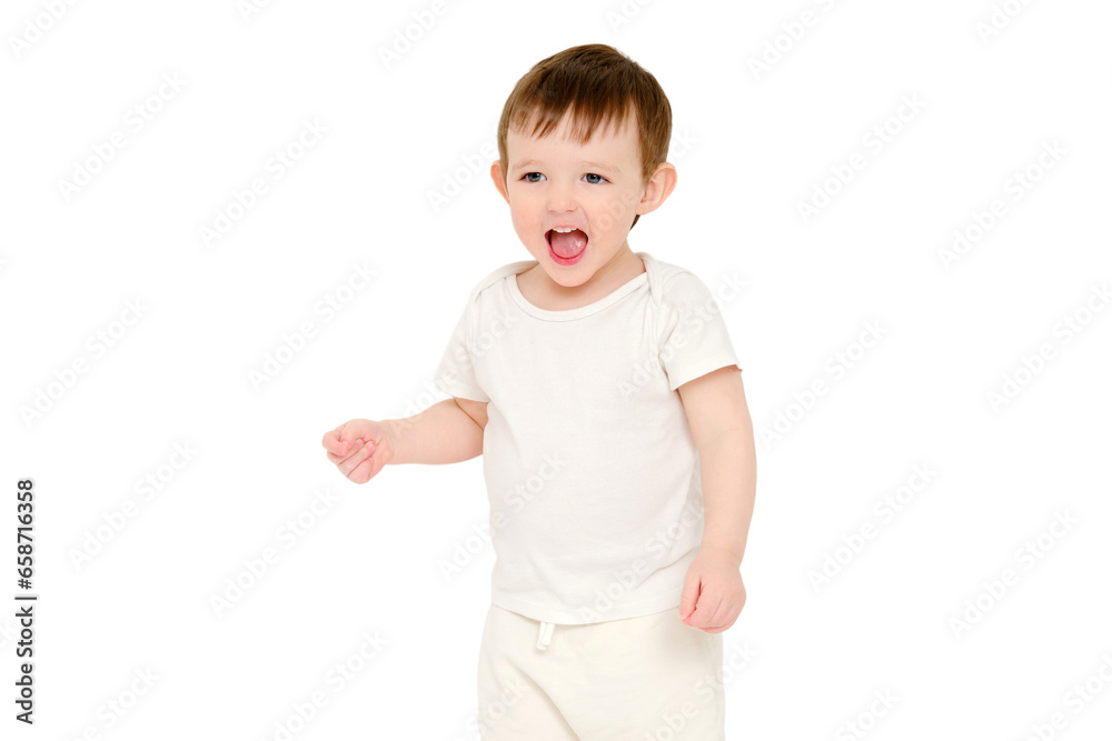A happy baby on a studio, isolated on white background. Portrait of a smiling child, isolated on white background. Kid aged about two years (one year nine months) A happy baby on a studio, isolated on white background. Portrait of a smiling child, isolated on white background. Kid aged about two years (one year nine months)