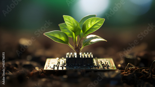 Plant growing on computer chip representing digital ecology business with blurred background.