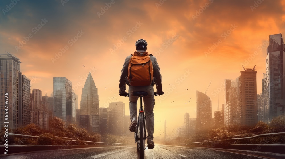 A cyclist navigating urban streets with towering buildings as backdrop