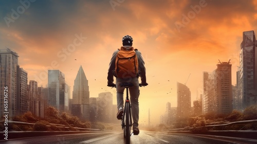 A cyclist navigating urban streets with towering buildings as backdrop © pham
