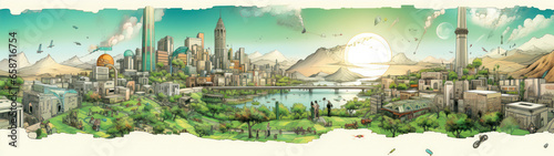 Panoramic view of the city and the river. Vector illustration