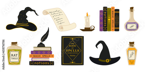 Witchcraft elements collection. Magic books, witch hats, potions, candle, parchment scroll and ink with quill.