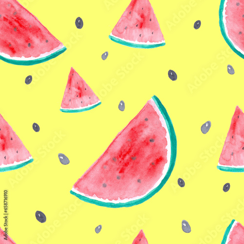 Seamless pattern of watermelon slices and seeds on the yellow background