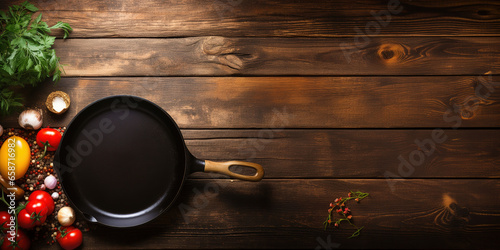 Cast Iron skillet on wooden table with vegetables, top view with copy space