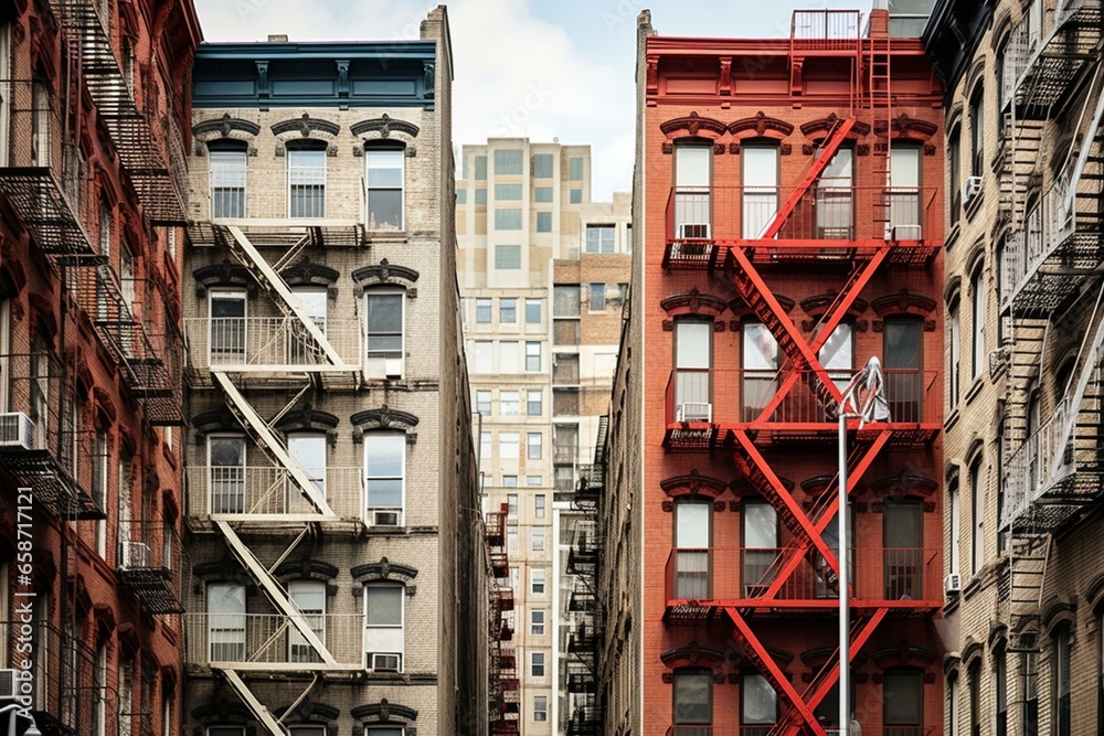 Urban residential buildings with prominent fire escape in NoHo, New York. Keywords: cityscape, architecture, housing, downtown, urban, neighborhood, fire escape. Generative AI
