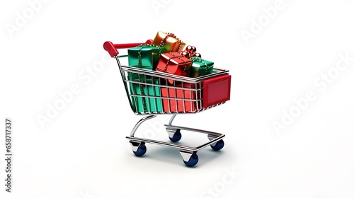 Festive Christmas Shopping Red and Green Gift Box in a Holiday Sale Cart © wee
