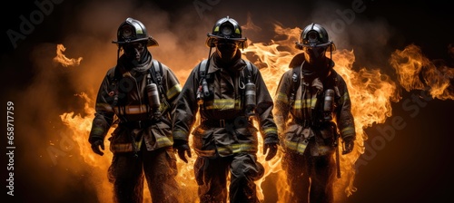 Fotografia Firefighters bravely facing a raging fire