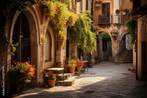 Old town street in Italy. Generative AI © Elowen