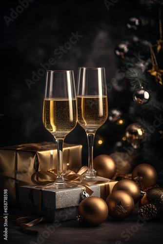 Glasses of champagne. Gift boxes and Christmas tree on background