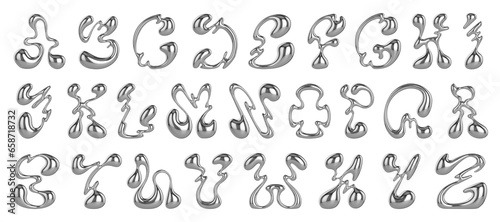 Chrome Y2K font. Liquid metal alphabet, melted steel letters and funky numbers. Glossy 3D flux typeface set 