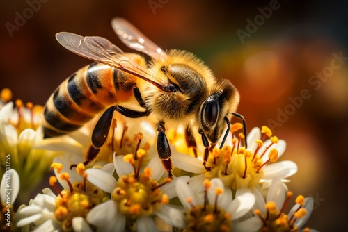 Close-up of bee gathering nectar from a flower. Generative AI