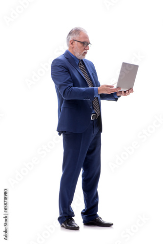 Old businessman holding laptop isolated on white