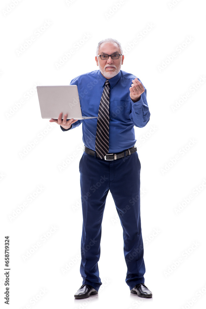 Old businessman holding laptop isolated on white Old businessman holding laptop isolated on white