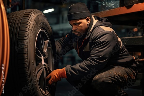 Tire shop worker changing a car wheel