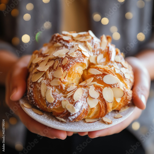 Closeup photo of hands holding a plate with puff pastry dessert with almond flake, close up photo in bakery, sweet food