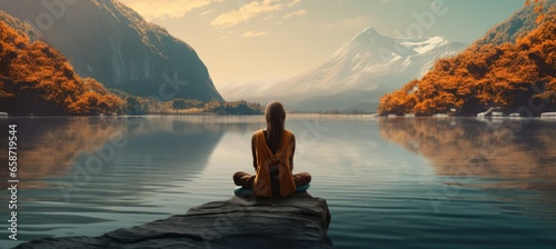 A peaceful moment of solitude on a rock in the middle of a serene lake