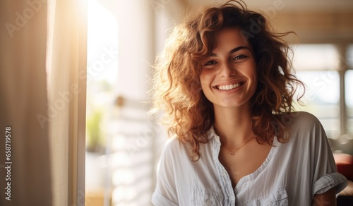 A smiling woman with curly hair looking directly at the camera