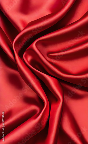 Red silk satin background. Beautiful soft wavy folds on smooth shiny fabric. Anniversary, Christmas, wedding, valentine, event, celebration concept. Red luxury background with copy space for design.