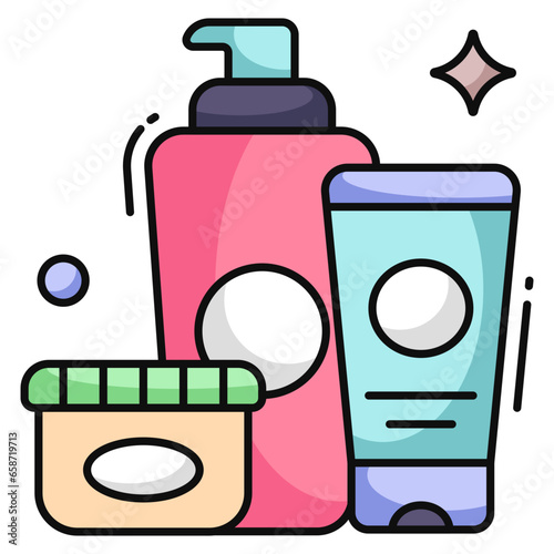 A flat design icon of hand wash with face wash and cream, toiletries 