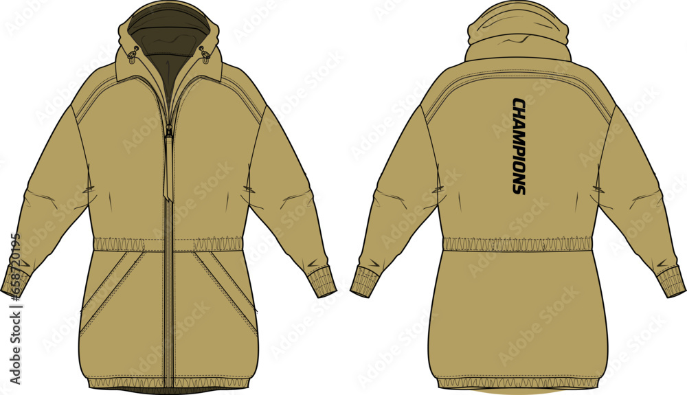 Cover up Quilted Puffer jacket design flat sketch Illustration, Down puffa Padded Hooded jacket with front and back view, Soft shell winter jacket for girls and ladies for outerwear in winter. - obrazy, fototapety, plakaty 