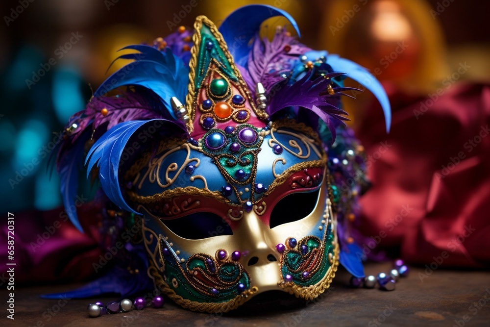 Colorful carnival mask with intricate details and Venice-inspired design. Festive beads and a vibrant Mardi Gras ambiance. Generative AI