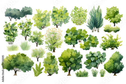 Print op canvas Various green trees, bushes and shrubs, top view for landscape design plan