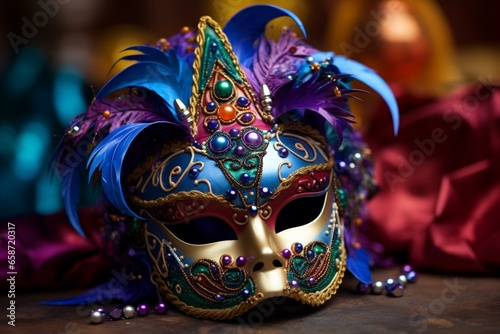 Colorful carnival mask with intricate details and Venice-inspired design. Festive beads and a vibrant Mardi Gras ambiance. Generative AI © Ronald