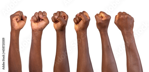 Holding fists up in the air isolated on white or transparent background	