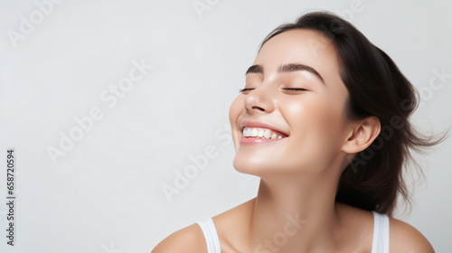 Beauty skin. Head and shoulders of woman model, touching glowing, hydrated facial skin, apply toner, skin cream or lotion for healthy look, after shower portrait, white background. photo