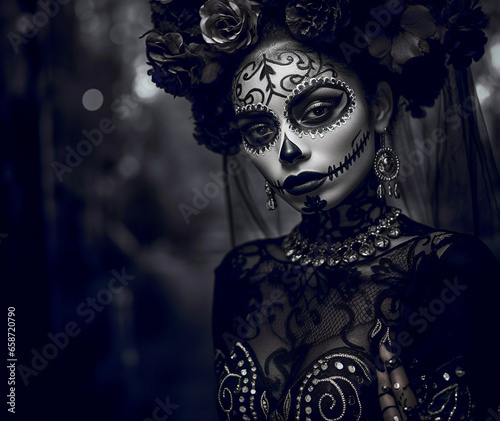 Young Mexican woman dressed for Day of the Dead (Día de los Muertos) celebrations with elaborate makeup including black and white face paint, black eyes, and a bouquet of roses